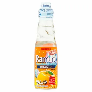 Clear Ramune bottle with bright orange label