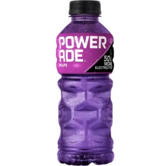 Purple Powerade bottle with droplets