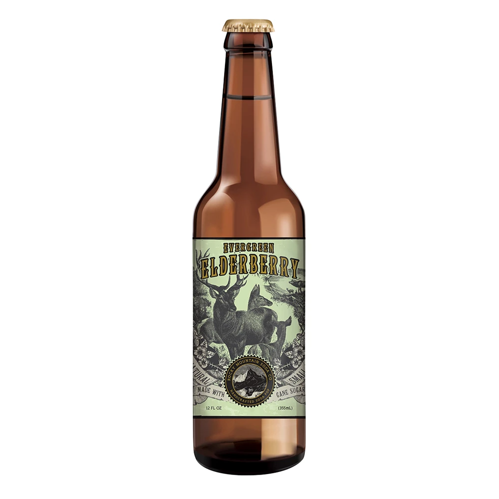 Brown elderberry soda bottle with deer label