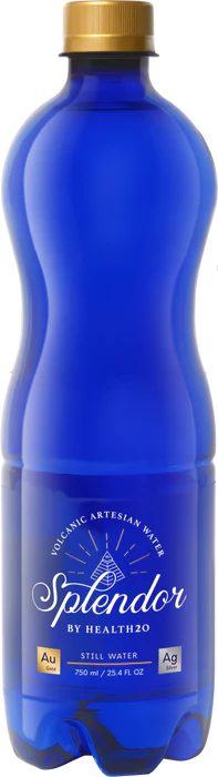 Blue plastic water bottle with gold cap