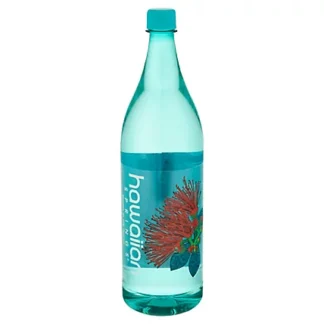 Teal bottled water with red floral label