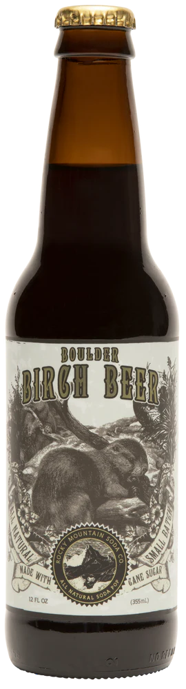 Brown bottle of birch beer with vintage label