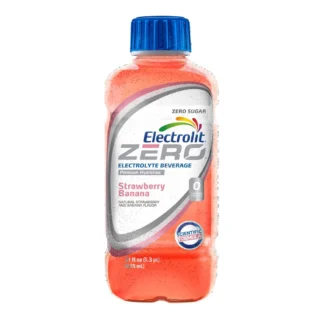 Bottle of strawberry banana electrolyte beverage