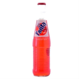 Glass bottle of red Fanta soda.