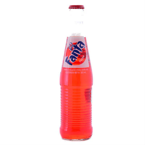 Glass bottle of red Fanta soda.