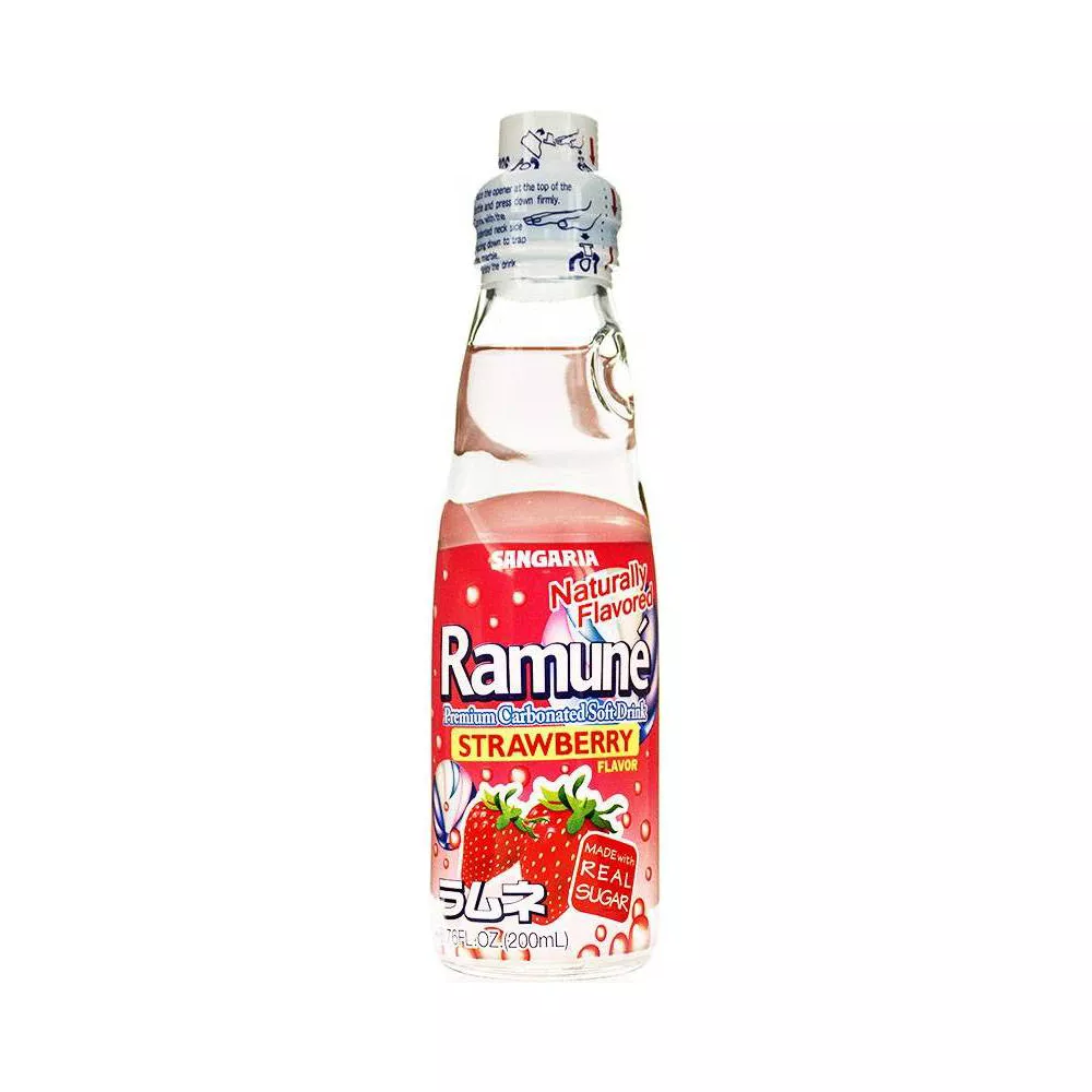 Strawberry Ramune soda bottle with marble top