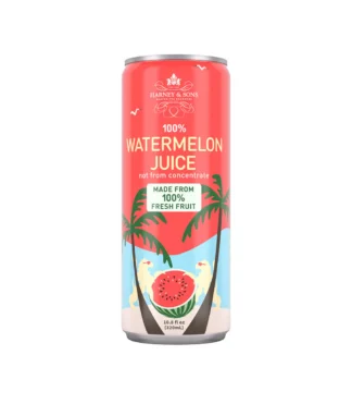 Can of watermelon juice with tropical design