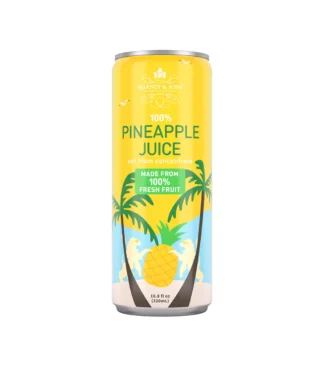 Can of pineapple juice with palm trees