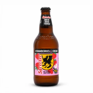 Brown bottle with pink strawberry label