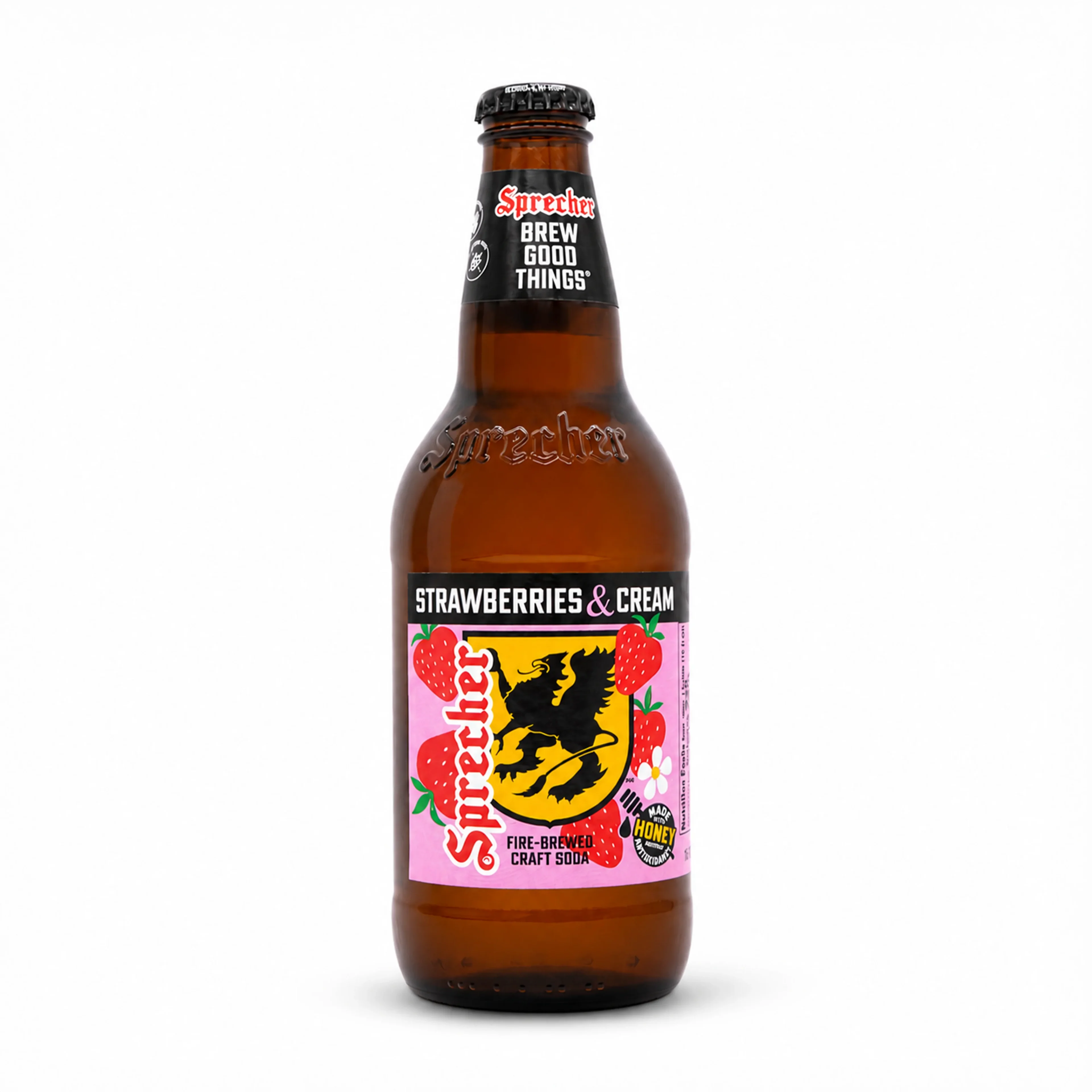 Brown bottle with pink strawberry label