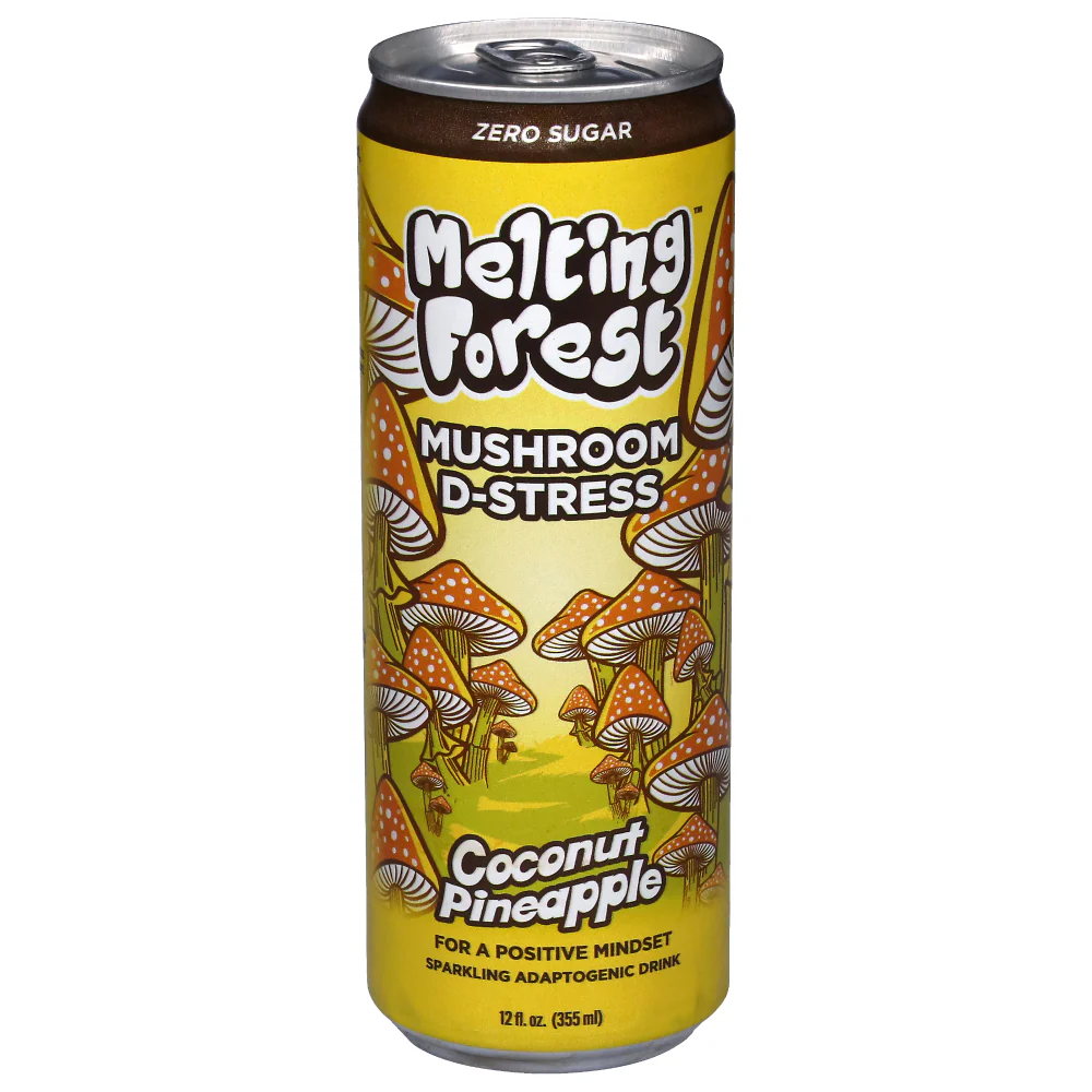 Tall yellow can of mushroom coconut pineapple drink
