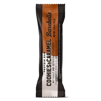 Caramel protein bar in black and orange wrapper