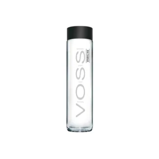 Clear Voss water bottle with black cap