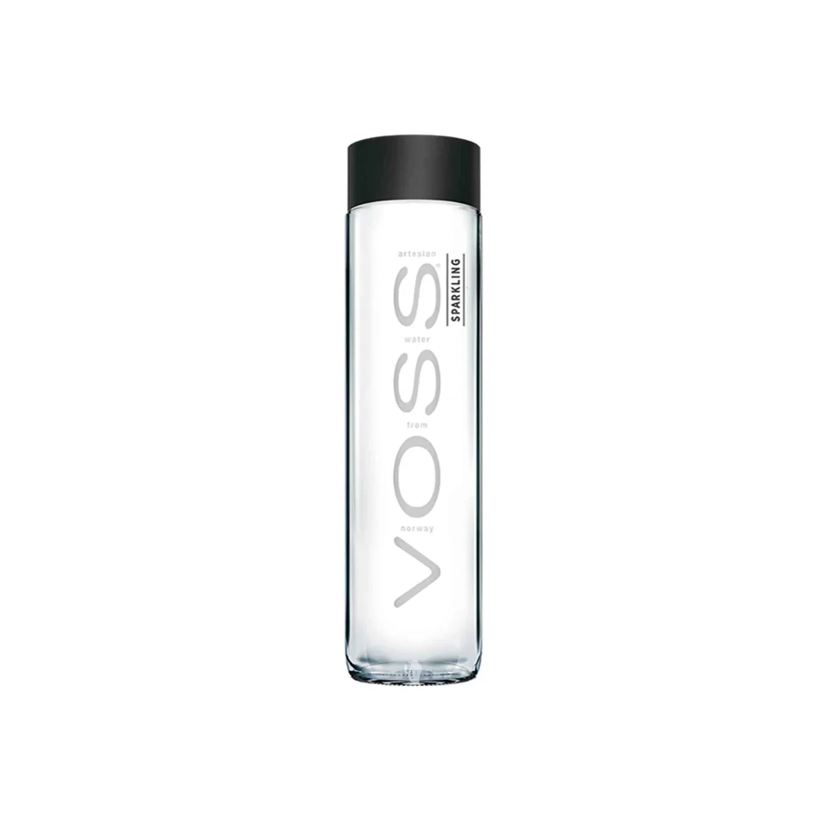 Clear Voss water bottle with black cap
